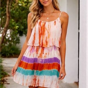 Monique Leshman Dress Women’s Size Small Colorful Tiered Tie Dye Beachy NWT